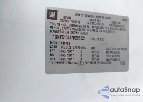 2007 Chevrolet Tahoe Lt z USA, uszkodzony, nr VIN 1GNFC13J47R296021